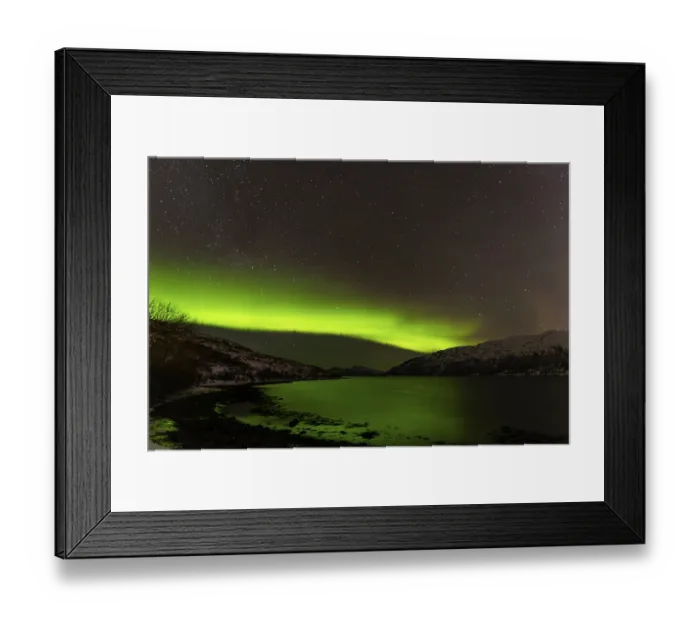 Framed Print : Northern Lights over snow covered mountains