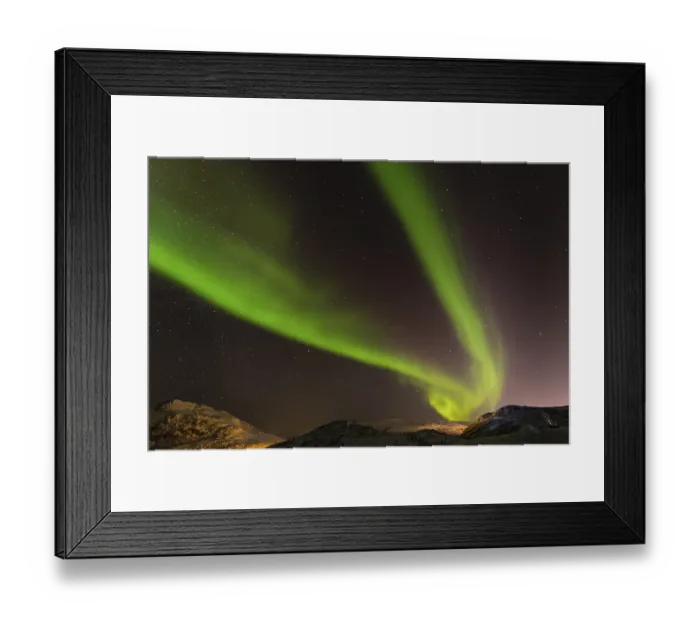 Framed Print : Northern Lights over snow covered mountains
