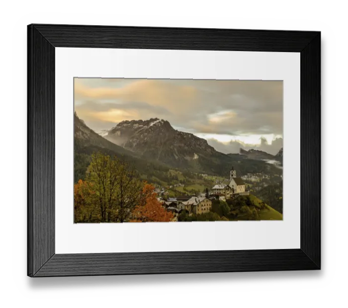 Framed Print : Autumn landscape with colorful trees and snowy mountains in the background in Dolomites