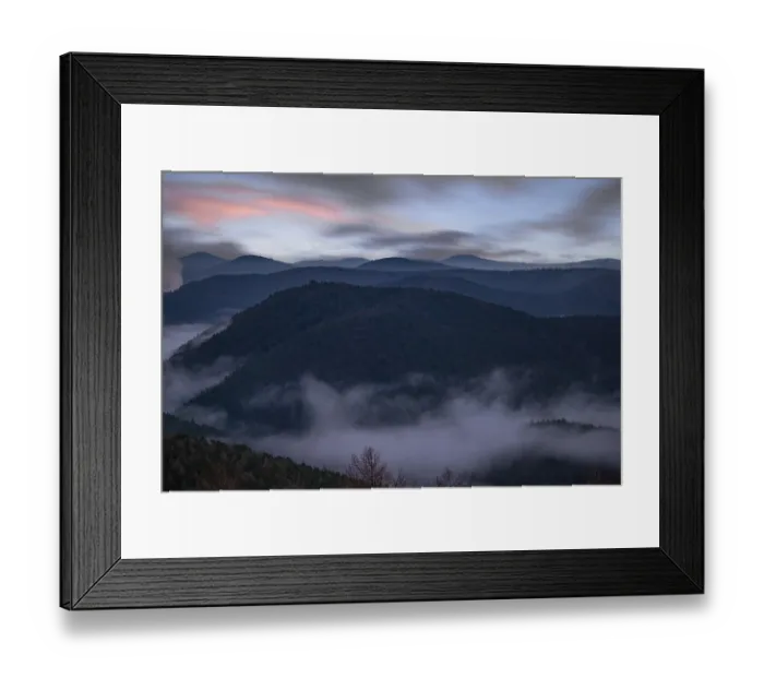Framed Print : Landscape shot with cloudy sky and fog in the valley Framed Print : Landscape shot with cloudy sky and fog in the valley