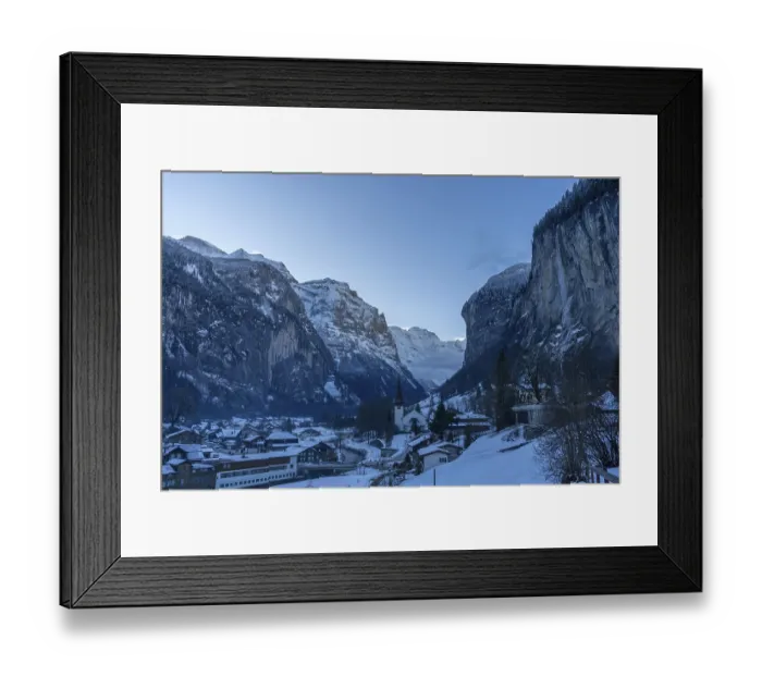 Framed Print : Lauterbrunnen Valley and Snowy Mountains in Winter Morning