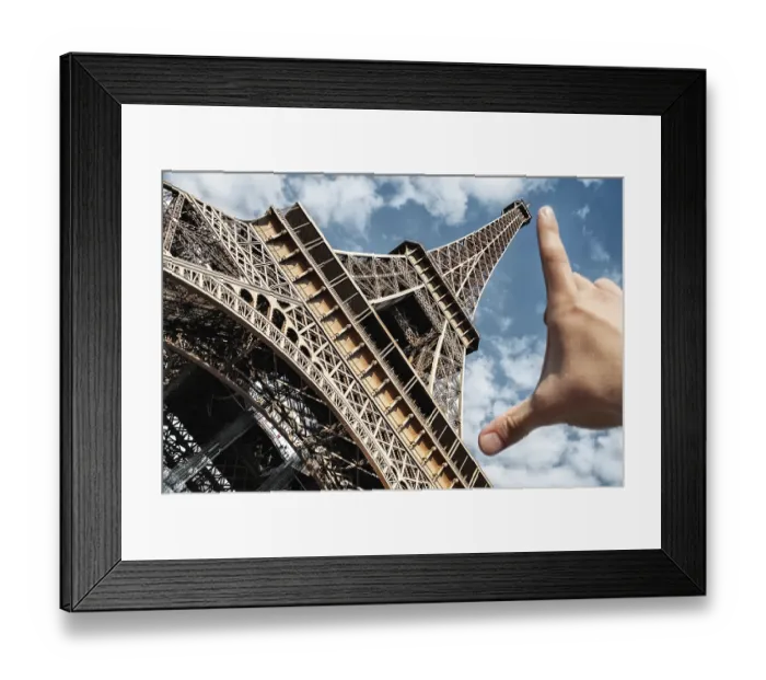 Framed Print : Eiffel tower in Paris on blue sky background wide angle measuring tower palm
