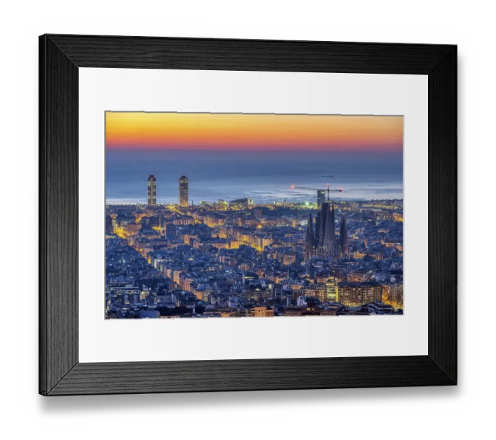 Framed Print : The Barcelona skyline with the famous Sagrada Familia in front of sunrise