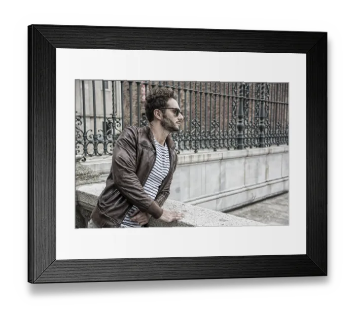 Framed Print : Attractive man outdoor wearing leather jacket Framed Print : Attractive man outdoor wearing leather jacket