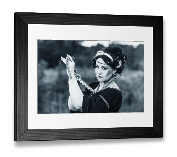 Framed Print : Ugly woman with snake. Witch conjure outdoors