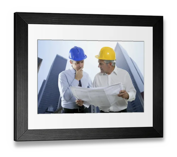 Framed Print : Architect engineer two expertise team plan talking hardhat skyscraper buildings
