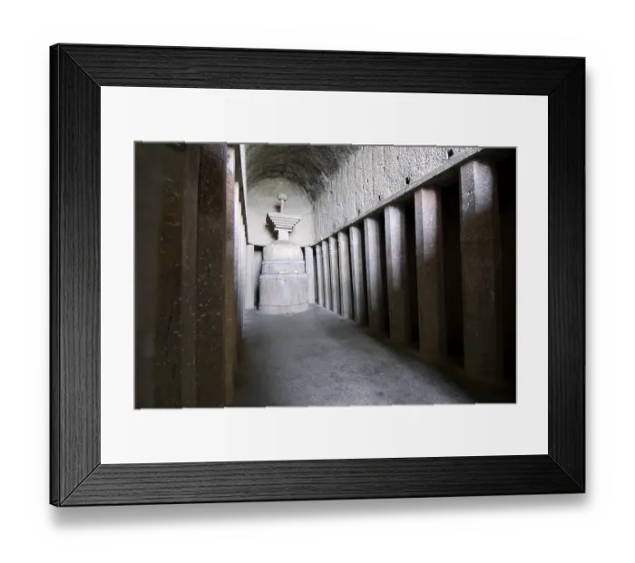 Framed Print : Bedsa rock cut cave details of stupa and interior dating from around 2nd century BC
