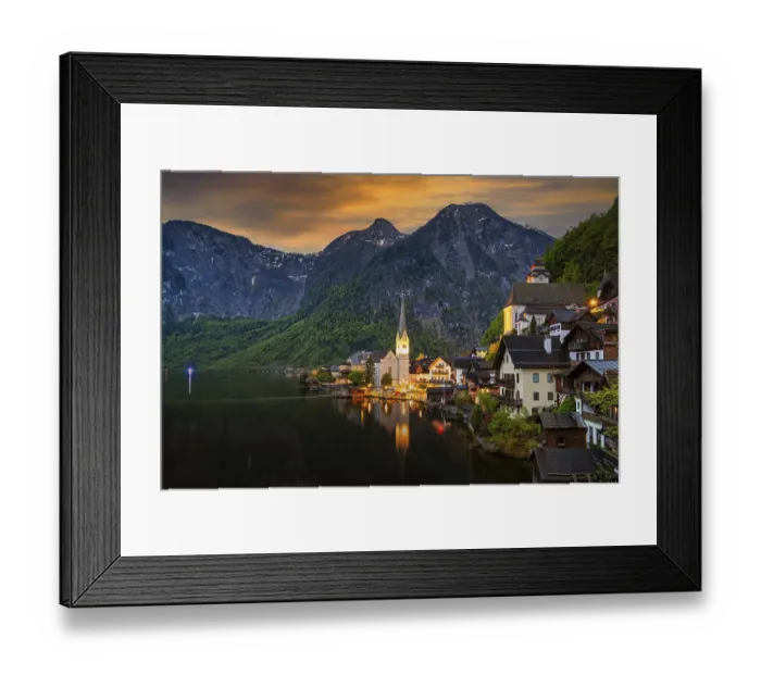 Framed Print : A view of Hallstatt in Austria with lake and mountains