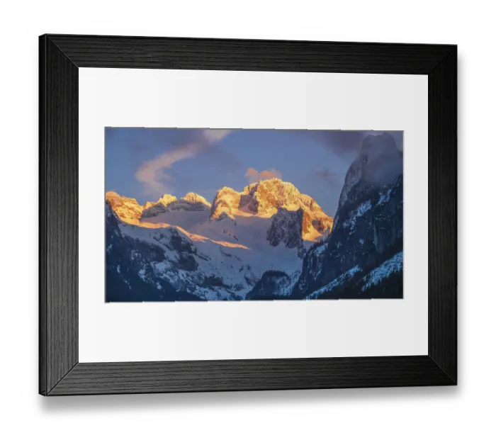 Framed Print : Sunset reflecting on the mountain Dachstein