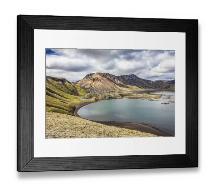 Framed Print : Rhyolitic mountains surround the volcanic lake with cold water Framed Print : Rhyolitic mountains surround the volcanic lake with cold water