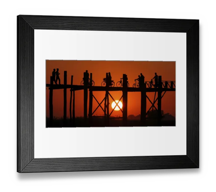 Framed Print : Myanmar, Wooden bridge at Inle Lake at sunset