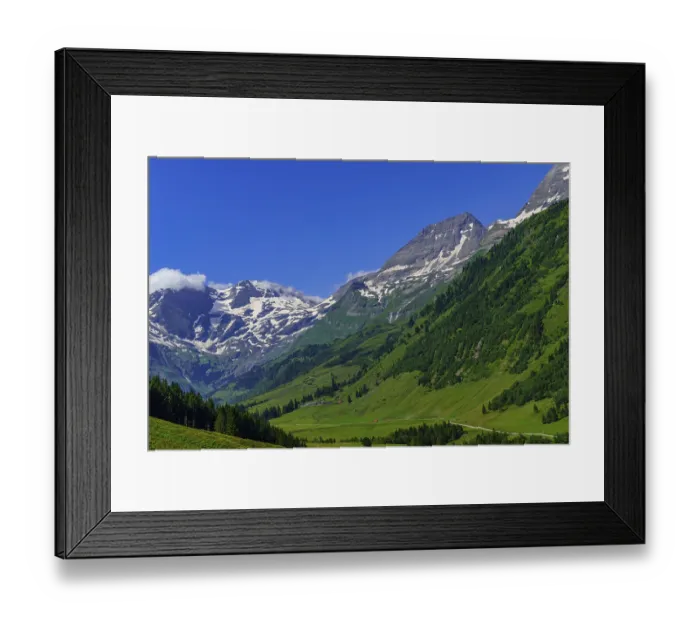 Framed Print : Wide mountain landscape with green valleys and clear sky Framed Print : Wide mountain landscape with green valleys and clear sky