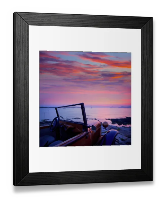 Framed Print : Ibiza sunset view from vintage car at formentera Island in Balearic Islands Framed Print : Ibiza sunset view from vintage car at formentera Island in Balearic Islands