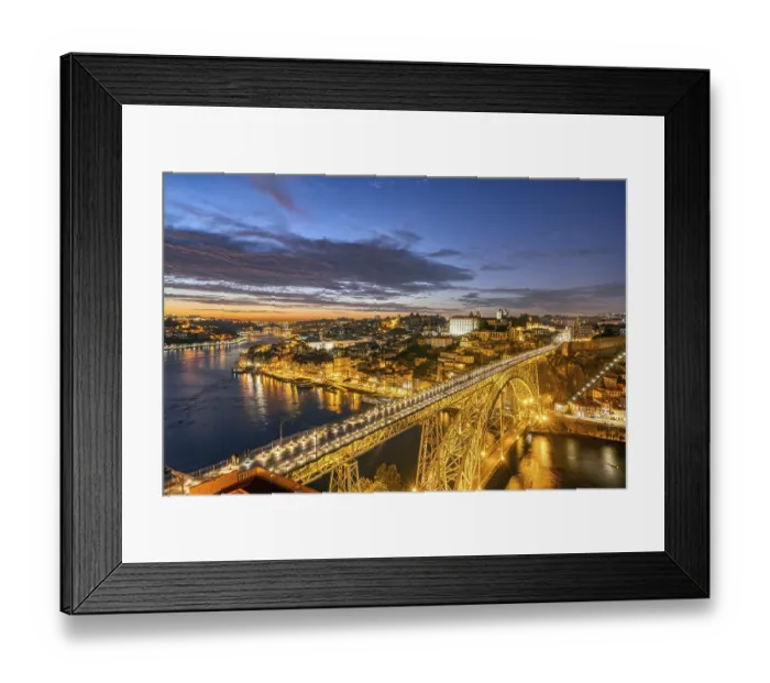 Framed Print : Porto with the Dom Luis I bridge and the Douro river after sunset