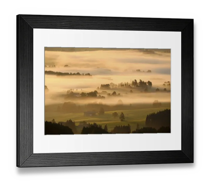 Framed Print : Hilly landscape with morning fog