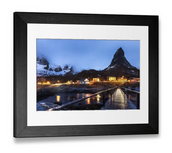 Framed Print : Dock with mountain in winter, the fishing village of Reine Framed Print : Dock with mountain in winter, the fishing village of Reine
