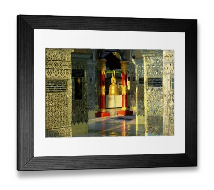 Framed Print : Hanging bell inbetween mirroring pillars on top of Mandalay Hill Burma
