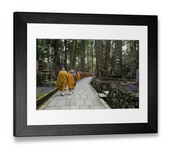 Framed Print : Buddhist monks walking to a temple in Koya-san