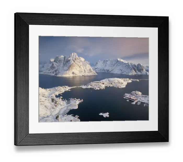 Framed Print : Aerial view, fishing village Reine in winter at dawn