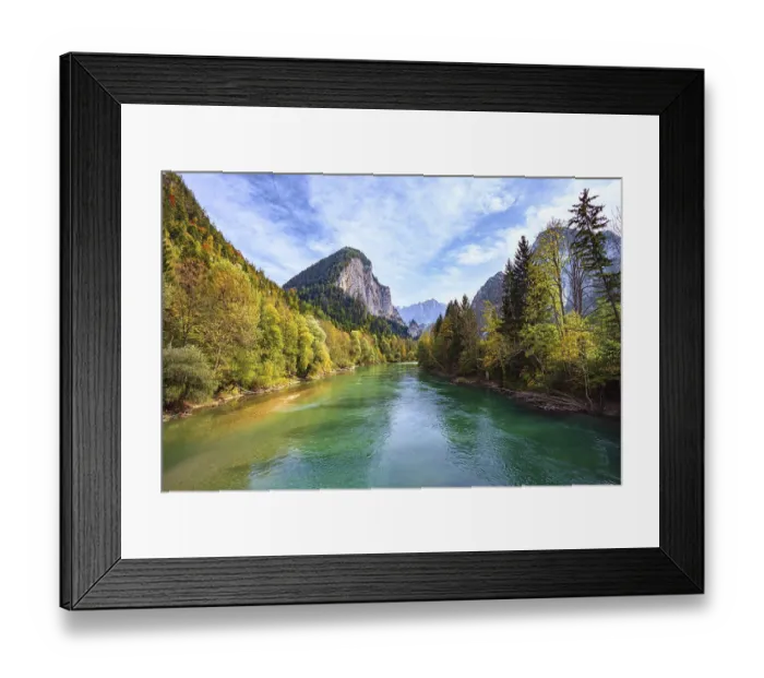 Framed Print : Travel to Austrian Alps. Magnificent slowly flowing river with cold greenish melt water Framed Print : Travel to Austrian Alps. Magnificent slowly flowing river with cold greenish melt water