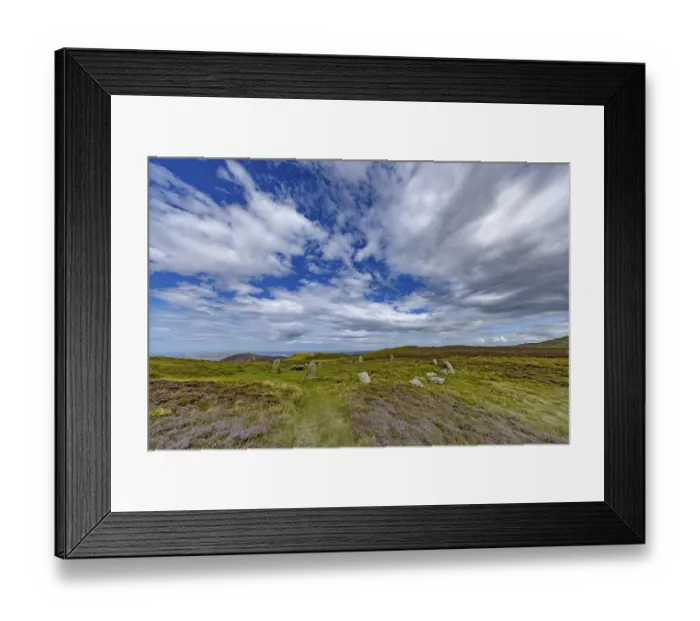 Framed Print : Druids Circle, stone circle in wide landscape with pastures in the mountains Framed Print : Druids Circle, stone circle in wide landscape with pastures in the mountains
