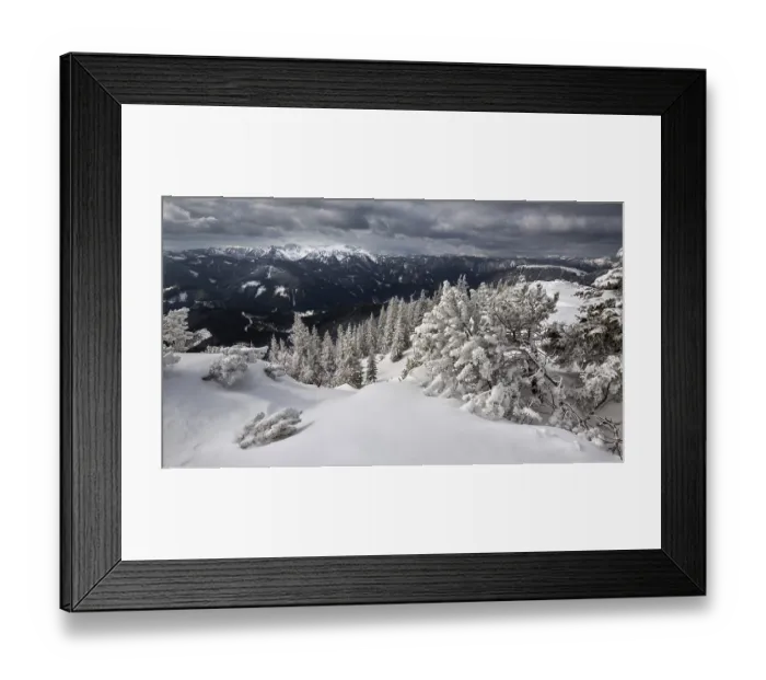 Framed Print : Hochschwab Range with a winter forest covered in deep snow