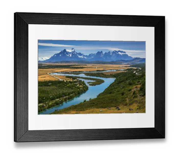 Framed Print : View of the mountain range Cuernos del Paine over the river Rio Serrano Framed Print : View of the mountain range Cuernos del Paine over the river Rio Serrano