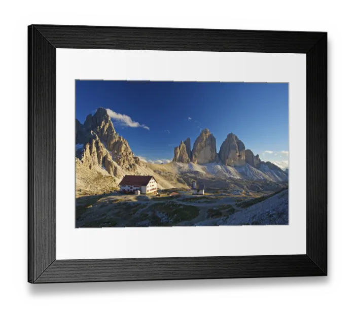 Framed Print : Three Peaks Hut and Chapel in front of Parternkofel and north faces of the Three Peaks Framed Print : Three Peaks Hut and Chapel in front of Parternkofel and north faces of the Three Peaks