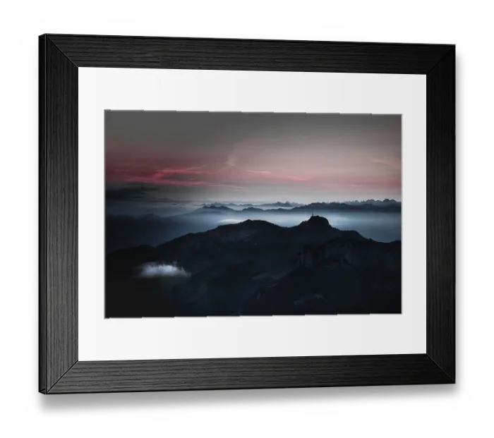 Framed Print : Sunrise and fog over mountains towards Lake Constance from summit Schaefler
