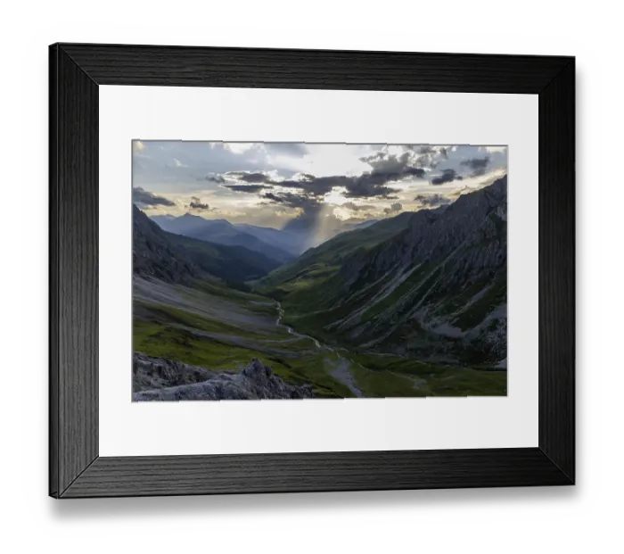 Framed Print : Evening mood in the mountains, view of Sapuen from the Strela Pass