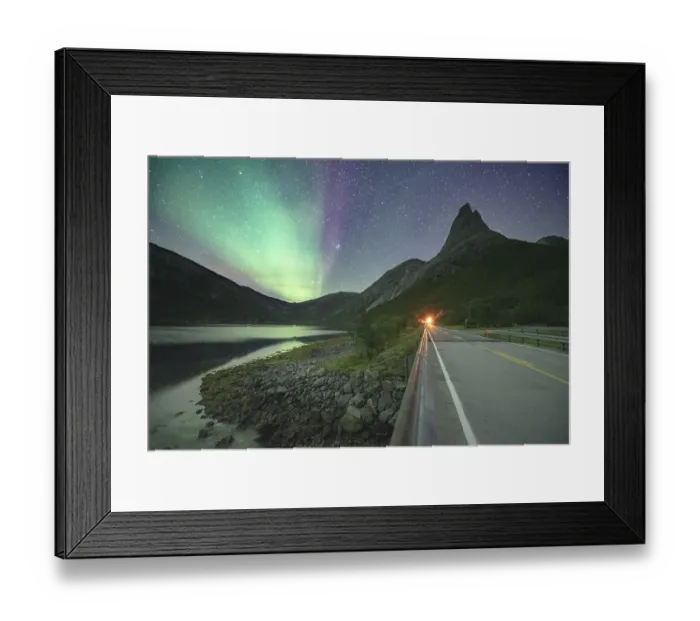 Framed Print : Night shot of (Aurora borealis) a road with illuminated entrance to the tunnel