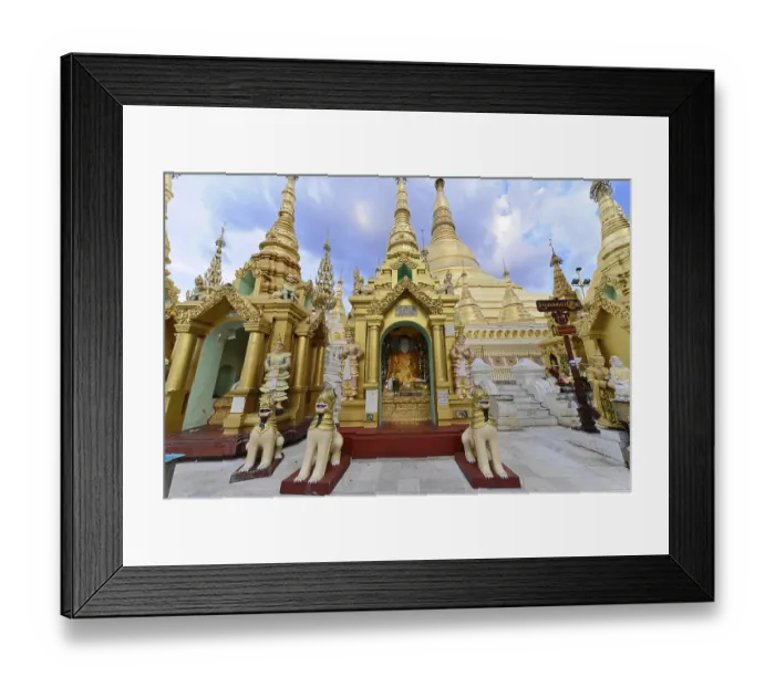 Framed Print : Interior of a temple with several Buddha statues and a reclining Buddha against a glittering background