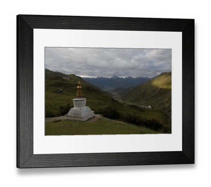 Framed Print : Chorten, stupa overlooking the Kyichu River valley near the Yerpa Drak Monastery in Lhasa with a Tibetan village