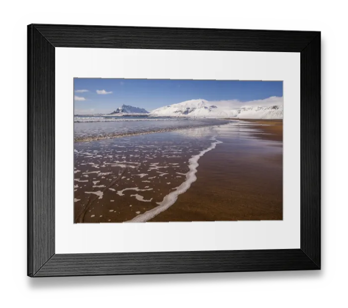 Framed Print : Sunny winter day on the sandy beach in front of Snaefellsjoekull volcano