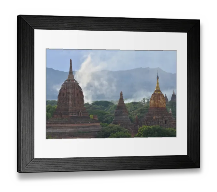 Framed Print : Smoke rising between the temples and pagodas in Bagan