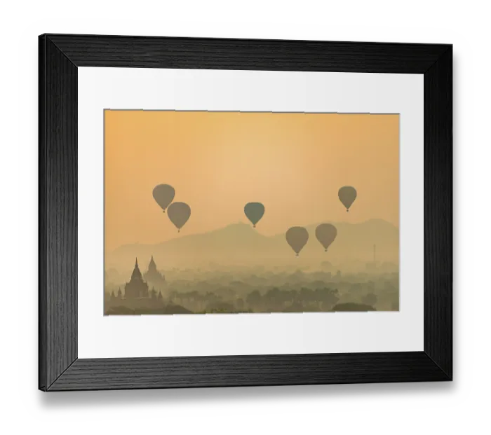 Framed Print : View of pagodas with hot air balloons