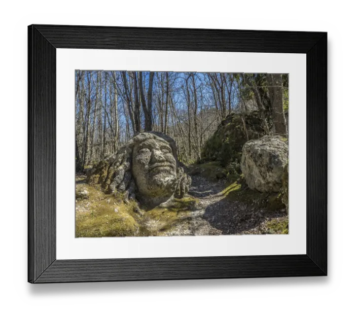 Framed Print : Large face made of tufa in the forest Falanga Framed Print : Large face made of tufa in the forest Falanga