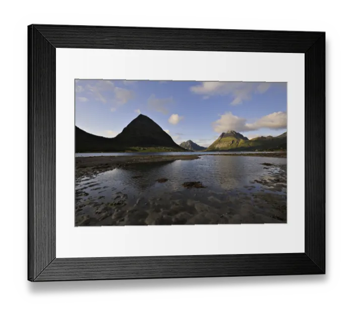 Framed Print : The island of Aldra with the Hjartinden peaks from the shore at Haugland