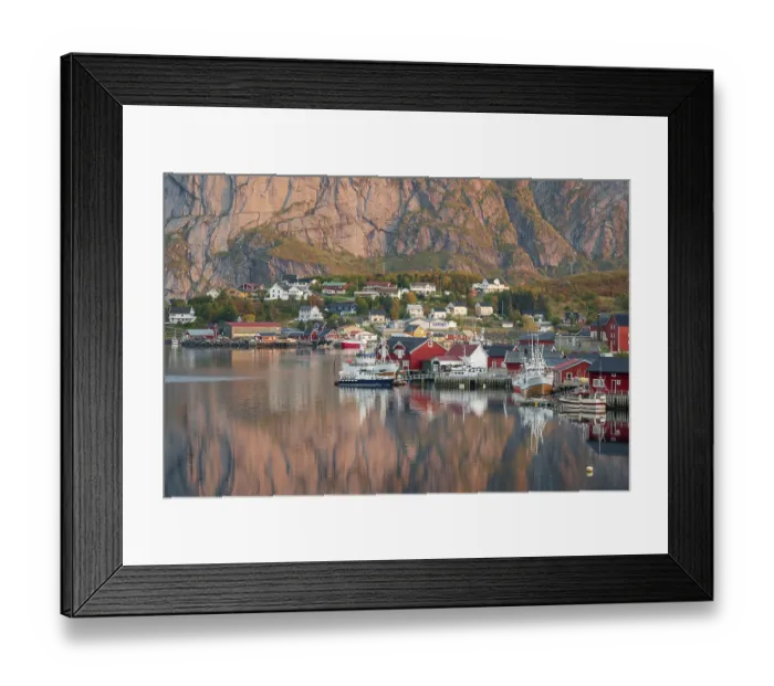 Framed Print : Wooden houses settlement on Reinefjord with fishing boats Framed Print : Wooden houses settlement on Reinefjord with fishing boats
