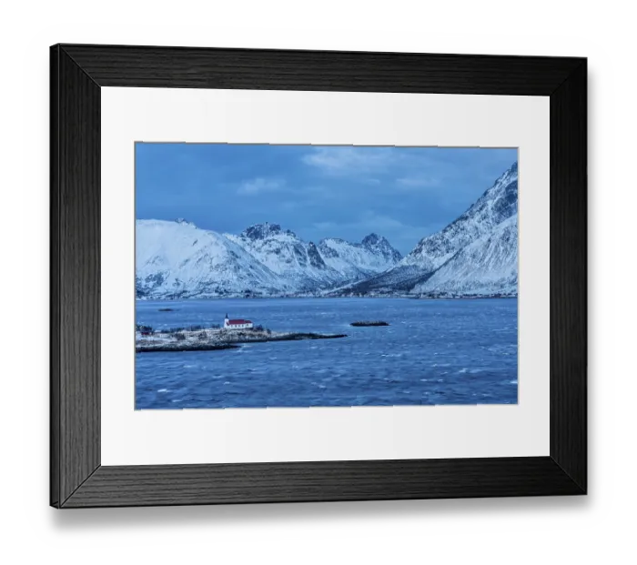 Framed Print : Small church with a red roof on a peninsula Framed Print : Small church with a red roof on a peninsula
