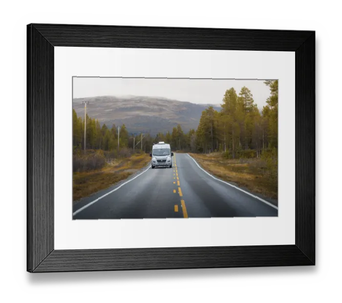 Framed Print : Campervan drives on the road to Kautokeino in autumn