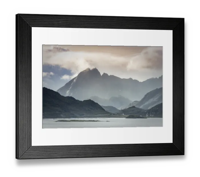 Framed Print : Lofoten mountains in haze and clouds by the fjord Framed Print : Lofoten mountains in haze and clouds by the fjord
