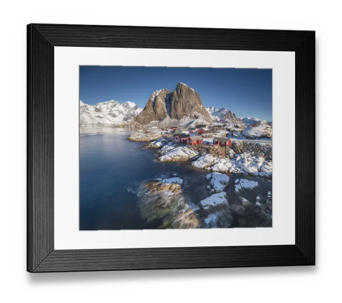 Framed Print : Rorbuer fishermen's cabins on the snowy fjord Framed Print : Rorbuer fishermen's cabins on the snowy fjord