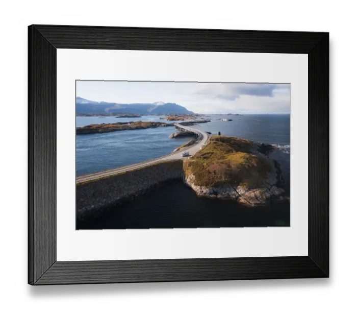 Framed Print : UAV recording, campervan on a parking lot on the island connecting road Atlantic Ocean Road