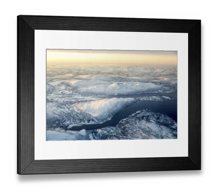 Framed Print : Aerial view, snow-covered mountains with fjord