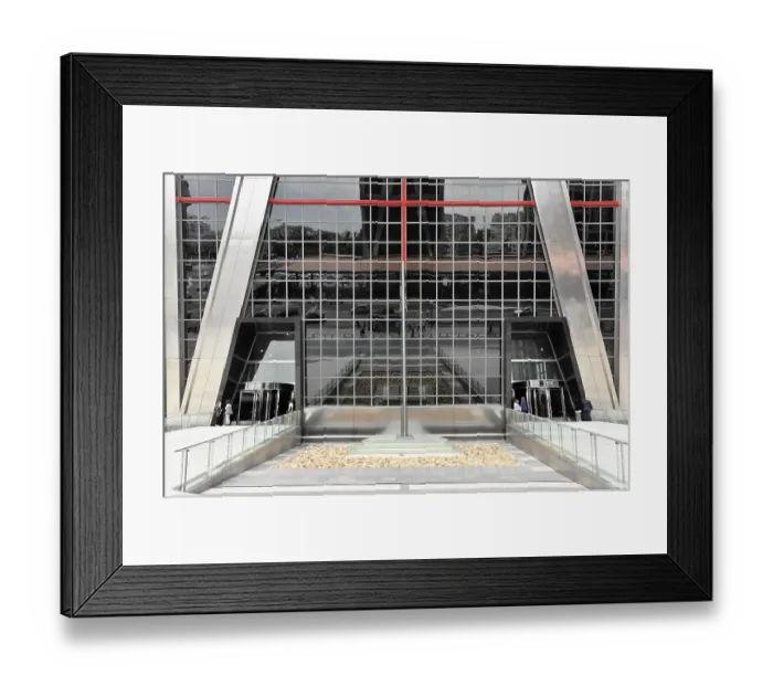 Framed Print : Madrid, Spain, Europe, Modern main entrance of a building with symmetrical design and glass facade Framed Print : Madrid, Spain, Europe, Modern main entrance of a building with symmetrical design and glass facade