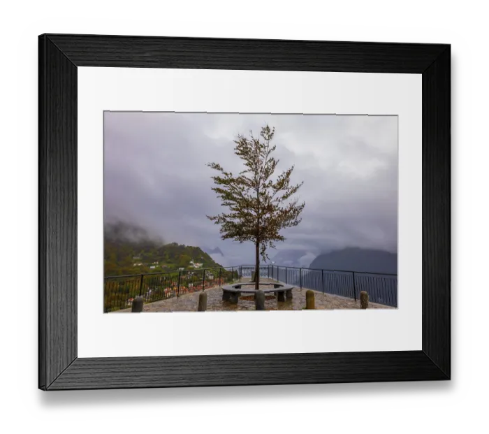 Framed Print : Viewpoint over Mountainscape and Alpine Village Bre with Autumn Tree in a Cloudy Day in Monte Bre Framed Print : Viewpoint over Mountainscape and Alpine Village Bre with Autumn Tree in a Cloudy Day in Monte Bre