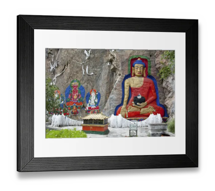 Framed Print : Tibetan Buddhism, colorful Atisha rock relief with a large Buddha Shakyamuni