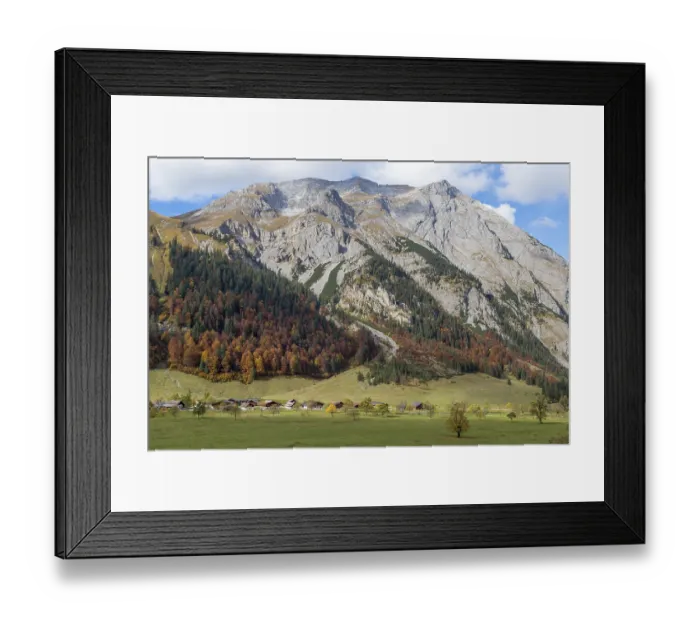Framed Print : Almdorf Eng, huts in front of autumnal forest and mountain range