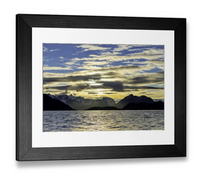 Framed Print : Landscape, Atlantic Ocean with mountains and moody cloudy sky at Tromvik